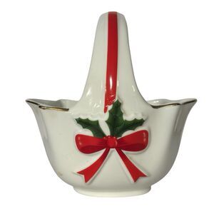 Vintage Christmas Decor - Mount Clemens Pottery Basket Ribbon & Holly